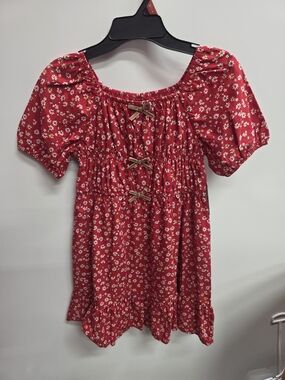 Girls Red Floral Smocked Dress with Bow Details